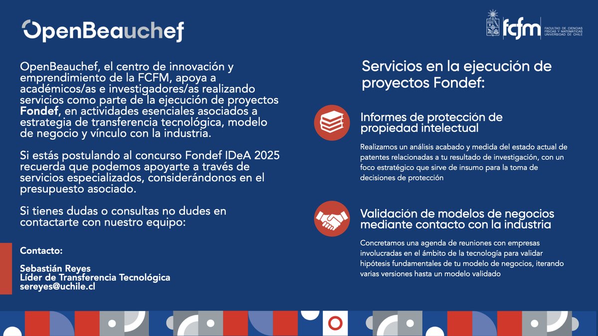 Investigación UChile (@vid_uchile) on Twitter photo #Apoyo I Servicios en la ejecución de proyectos Fondef IDeA 2025💡
<a href="/OpenBeauchef/">OpenBeauchef</a> tiene servicios para académicos/as que adjudiquen, de apoyo en actividades asociadas a estrategia de transferencia tecnológica, modelo de negocio y vínculo con industria
🔗openbeauchef.cl/servicios-para… #Apoyo I Servicios en la ejecución de proyectos Fondef IDeA 2025💡
<a href="/OpenBeauchef/">OpenBeauchef</a> tiene servicios para académicos/as que adjudiquen, de apoyo en actividades asociadas a estrategia de transferencia tecnológica, modelo de negocio y vínculo con industria
🔗openbeauchef.cl/servicios-para…