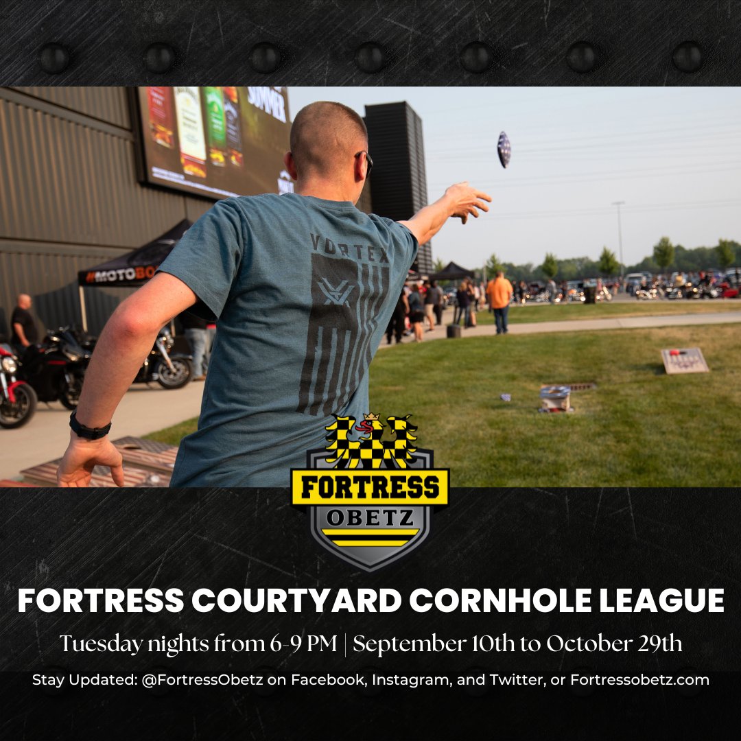 🎯The wait is over! The Fortress Cornhole League kicks off tonight in the Fortress Courtyard. Don't miss out on the fun—whether you're playing or just cheering on your friends, we can't wait to see you tonight from 6-9 PM! 

#FortressCornhole #CornholeLeague