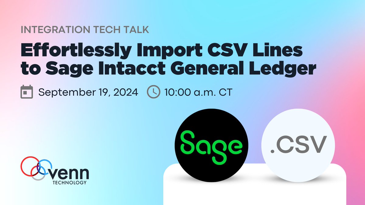 venn_tech's tweet image. On September 19, we&apos;ll be showing a live demo of a CSV uploader tool we&apos;ve built to quickly import CSV lines and format them into journal entries in Sage Intacct.

Join us for a 20-minute or less session next Thursday at 10:00 AM Central: hubs.ly/Q02PdRdC0

#SagePartner