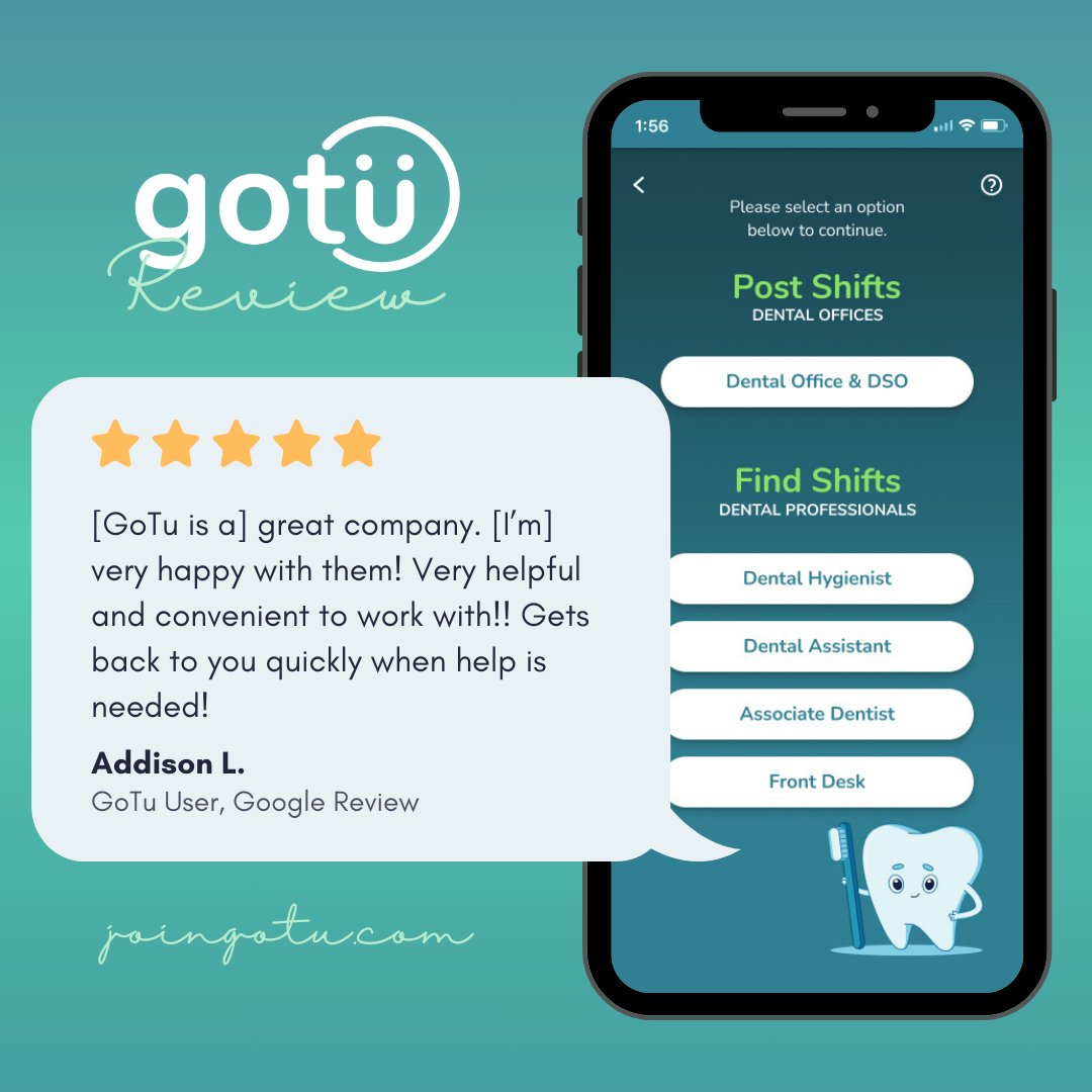 joingotu's tweet image. We’re all smiles reading this 5-star review! ⭐⭐⭐⭐⭐ Providing seamless support and making work easier for dental professionals is what GoTu is all about. 

Ready to see how we can help you? Visit joingotu.com! 🙌

#GoTuCrew #GoTuWork