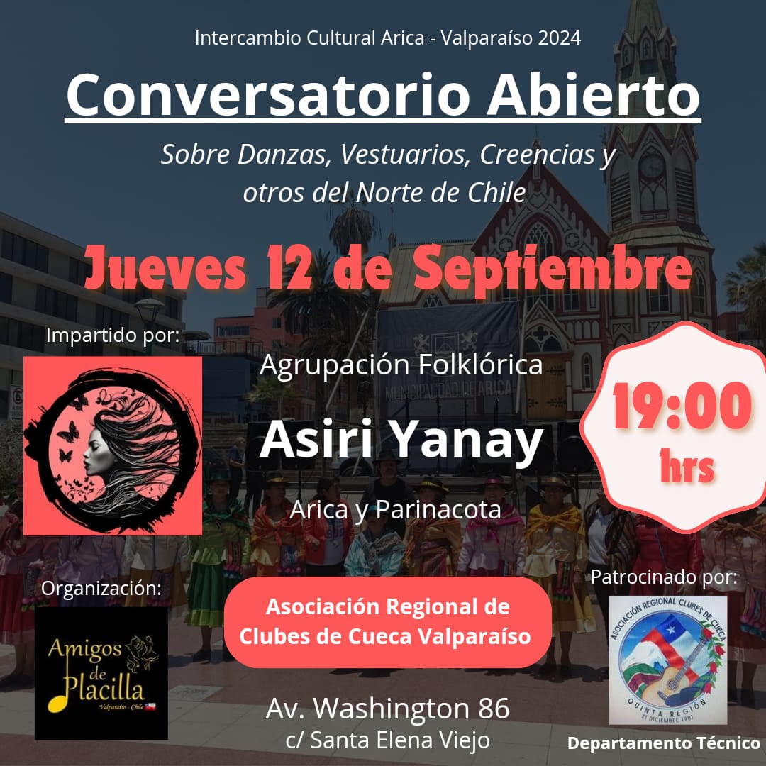 #ATENCION: Estimados monitores, instructores de danza y bailarines. Les dejamos una invitación para este jueves 12 Sept. 19 
En la Asociación  Regional de Clubes de cueca.  Subida Washington.  Valparaiso.