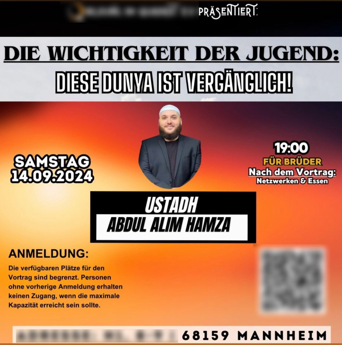 luk_bre's tweet photo. #AlimHamza trat in der Vergangenheit in einschlägigen #Salafisten-Einrichtungen auf, etwa in #Braunschweig, #Hamburg oder #Bonn (hier in der Vergangenheit als „fester Bestandteil“). Ein Auftritt am Samstag in #Mannheim (durchaus #salafistisch geprägt) muss wohl ausfallen… 3/4 https://t.co/Ou6fDwm0Kq