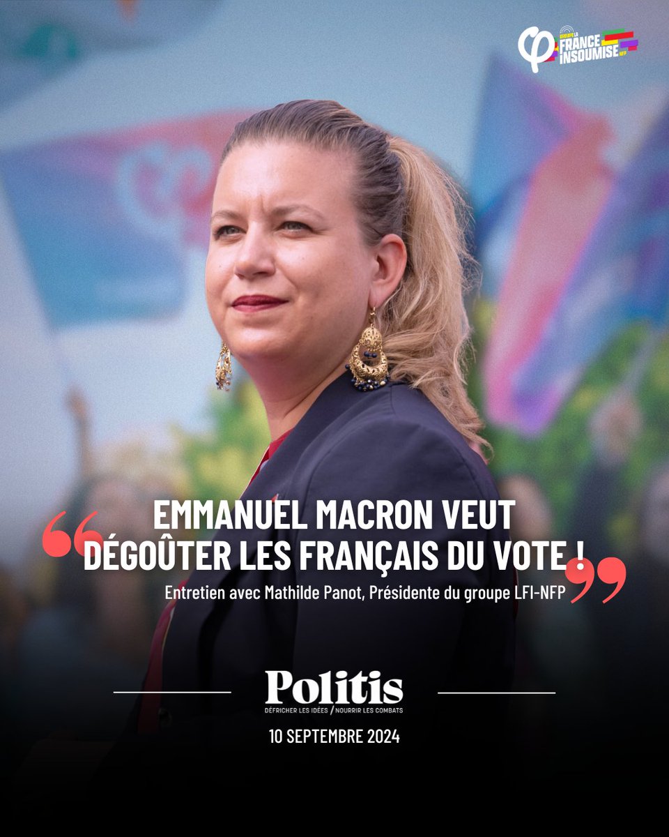 MathildePanot's tweet image. « Tous les démocrates doivent s’inquiéter de la dérive autoritaire d’Emmanuel Macron.

Il veut dégoûter les Français du vote. »

Mon entretien à retrouver dans Politis ➡️ politis.fr/articles/2024/…