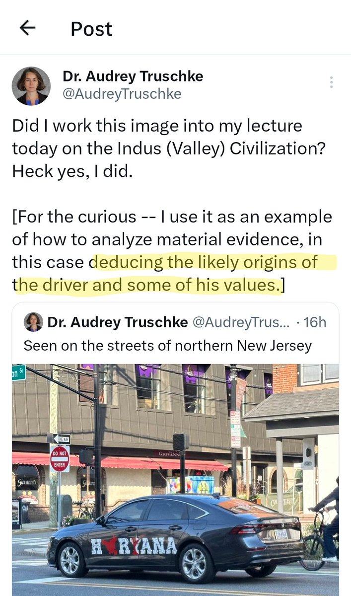 ManacledGerm's tweet image. Why @AudreyTruschke does not have a clue on the meaning of &quot;confirmation bias&quot; or of elementary logic. 

Photograph of a car says absolutely nothing about the driver or &apos;values&apos; of the driver. It *may* say something about the owner. 
If this is how she teaches history....