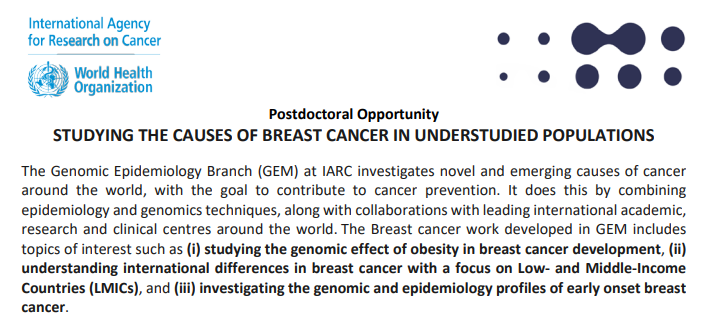 IARC's Genomic Epidemiology Branch (GEM) is hiring a #postdoc!
GEM investigates novel &amp; emerging causes of #cancer, combining #epidemiology &amp; genomics.
Have a recent PhD in e.g. bioinformatics or genetics, &amp; good at analysing biological data?
Get in touch!
iarc.who.int/wp-content/upl…