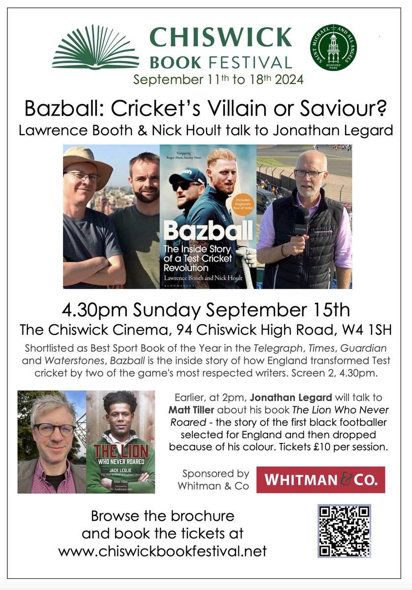 Chiswick Book Festival (@w4bookfest) on Twitter photo Cricket lovers! Get over Englandās defeat with this āBazballā session at #ChiswickBookFest <a href="/ChiswickCinema/">The Chiswick Cinema</a> . <a href="/BoothCricket/">Lawrence Booth</a> + <a href="/NHoultCricket/">Nick Hoult</a> talk to <a href="/legardj/">Jonathan Legard</a>. Thanks to sponsor Whitman & Co <a href="/estateagentw4/">Whitman and Co, W4</a> who also support <a href="/ChiswickCricket/">Chiswick Cricket Club</a> Club. Tickets: ticketsource.co.uk/chiswickbookfeā¦.. Cricket lovers! Get over Englandās defeat with this āBazballā session at #ChiswickBookFest <a href="/ChiswickCinema/">The Chiswick Cinema</a> . <a href="/BoothCricket/">Lawrence Booth</a> + <a href="/NHoultCricket/">Nick Hoult</a> talk to <a href="/legardj/">Jonathan Legard</a>. Thanks to sponsor Whitman & Co <a href="/estateagentw4/">Whitman and Co, W4</a> who also support <a href="/ChiswickCricket/">Chiswick Cricket Club</a> Club. Tickets: ticketsource.co.uk/chiswickbookfeā¦..