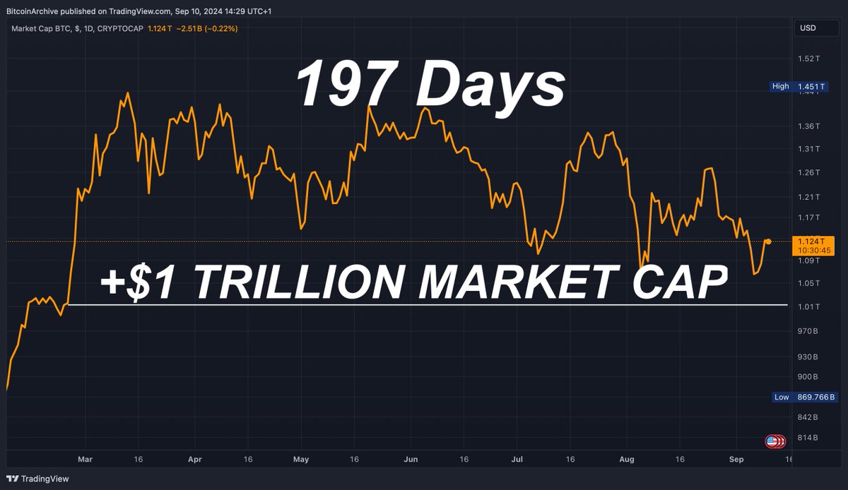 Bitcoin has closed over $1 TRILLION market cap for 197 days in a row. ✊
