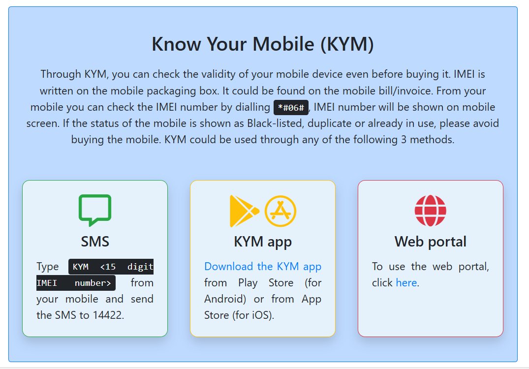 dot_upw's tweet photo. Know Your Mobile (KYM)
📲 Buying a new phone? Make sure it’s legit with the KYM service. 
Check the IMEI number to avoid blacklisted or duplicate devices by visiting https://t.co/tLzVojqyo2 
@dot_india
#TechSafety #KnowYourMobile https://t.co/52vvHYnK0d