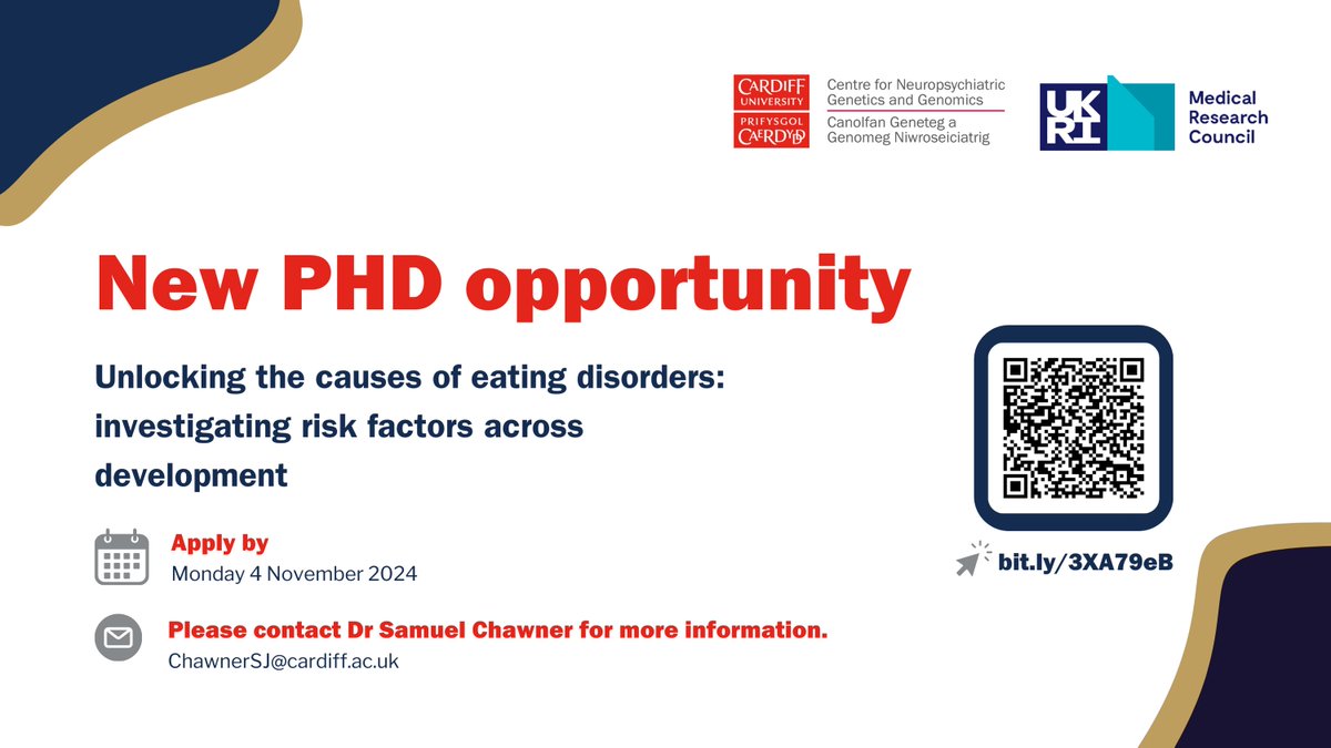 Centre for Neuropsychiatric Genetics and Genomics (@cnggcardiff) on Twitter photo PhD opportunity 🚨
'Unlocking the causes of eating disorders: investigating risk factors across development'🔍
Find out more
➡️ gw4biomed.ac.uk/unlocking-the-…
📩 Email Dr Samuel Chawner: ChawnerSJ@cardiff.ac.uk
⏰️Monday 4th November 2024 PhD opportunity 🚨
'Unlocking the causes of eating disorders: investigating risk factors across development'🔍
Find out more
➡️ gw4biomed.ac.uk/unlocking-the-…
📩 Email Dr Samuel Chawner: ChawnerSJ@cardiff.ac.uk
⏰️Monday 4th November 2024