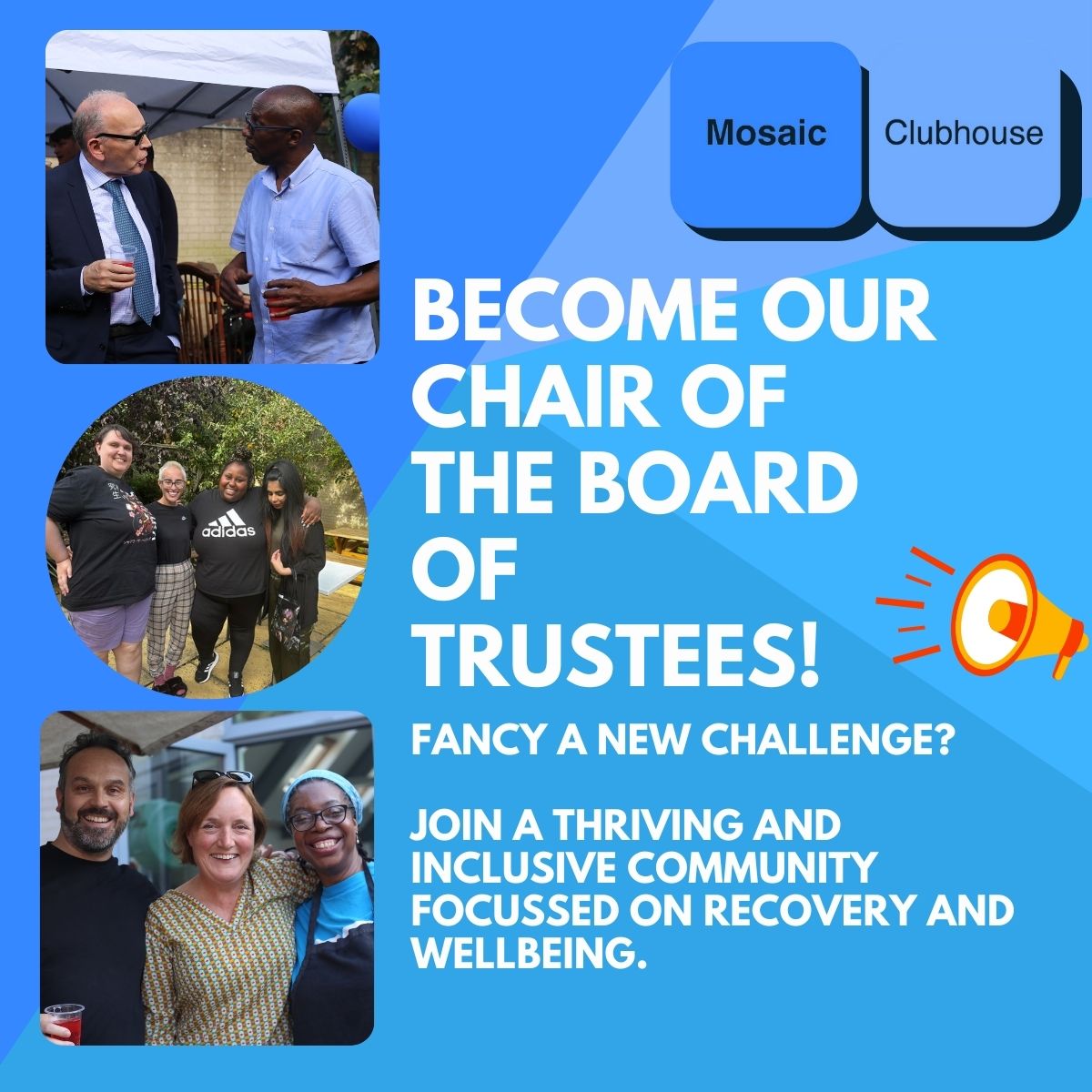 Are you passionate about mental health and recovery?

Join Mosaic Clubhouse as the new Chair of our Board of Trustees! Based in Brixton, South London, we are a dedicated mental health charity focused on recovery and wellbeing.

Interested? Apply below: secure.toolkitfiles.co.uk/clients/22170/…