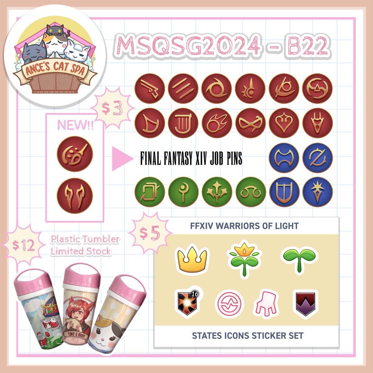AnceCatSpa's tweet photo. Here's some of new and returning item for our booth in B22 at MakersQuest this weekend in Suntec Concourse SG!

#msqsg2024 #makersquestsg #makersquestsg2024 #FFXIV #FF14

Other items can be seen in our older catalogue! https://t.co/klI7FssAuZ https://t.co/NbHANOhPQC