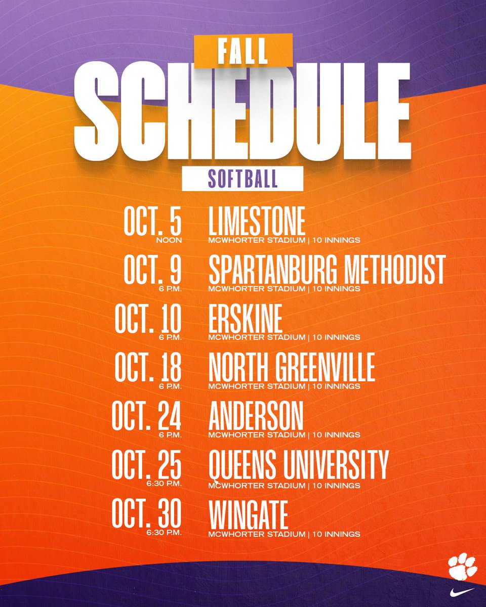 The Fall Schedule is HERE!

Mark your calendars and get to McWhorter Stadium to get the first look at the 2024-25 roster. Admission is free to all fall games.

📰 clemsontigers.com/2024-softball-…