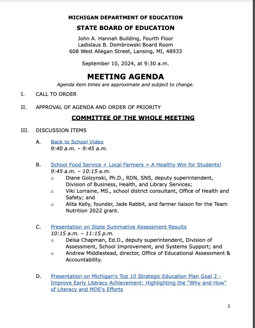 PutALydiaOnIt's tweet photo. Time for another State of Michigan School Board Meeting – called to order at 9:33 AM, starting with a moment of silence for the victims of the school shooting in Georgia last week. Follow me today for updates related to secondary education. @massp https://t.co/tlqI6lvjsp