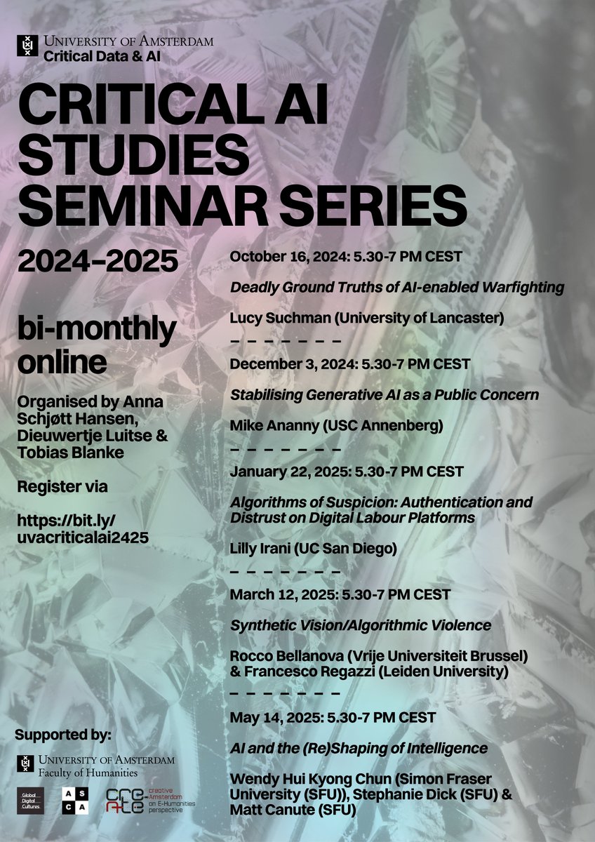 Dieuwertje Luitse | @dluitse.bsky.social (@dluitse) on Twitter photo 📢 The online #CriticalAI seminar series returns ✨<a href="/ASchjoett/">Anna Schjøtt Hansen</a> <a href="/tobias_blanke/">Tobias Blanke</a> and I are thrilled to announce the program of the 24–25 series🙌
✨Once again, open to everyone to critically engage with, critique and challenge #AI regimes across different fields of application 📢 The online #CriticalAI seminar series returns ✨<a href="/ASchjoett/">Anna Schjøtt Hansen</a> <a href="/tobias_blanke/">Tobias Blanke</a> and I are thrilled to announce the program of the 24–25 series🙌
✨Once again, open to everyone to critically engage with, critique and challenge #AI regimes across different fields of application