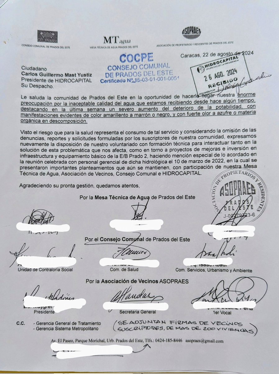 asopraes's tweet photo. Sigue olor nauseabundo en el agua. La queja por la fetidez es masiva. Los chats de la comunidad son preocupantes y hay molestia. Aún @HidroCapital2 no responde comunicación consignada el 26-8 con firmas de numerosas viviendas afectadas. La salud es prioridad. Es urgente. https://t.co/kj8O2TYSjj