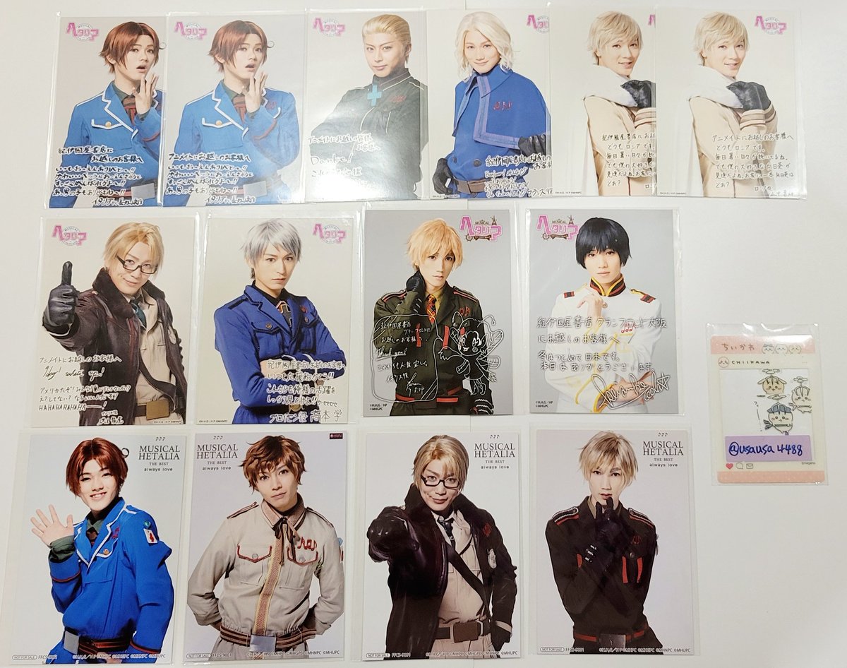 usausa4488's tweet photo. 【交換/譲渡】ヘタリア ミュージカル ヘタミュ
書店･CD･LV 特典 カラ鉄 購入特典 自撮りトレカ

譲 》
★→日  米  英   普
伊   独   仏   中   露   西   墺

求 》
同異種→北伊   南伊   ☆米   ☆英
特典系→1000円 程

★⇔☆との交換優先。郵送にて。
未所持の特典系等を求めております。 https://t.co/AAKwl5Xe4I
