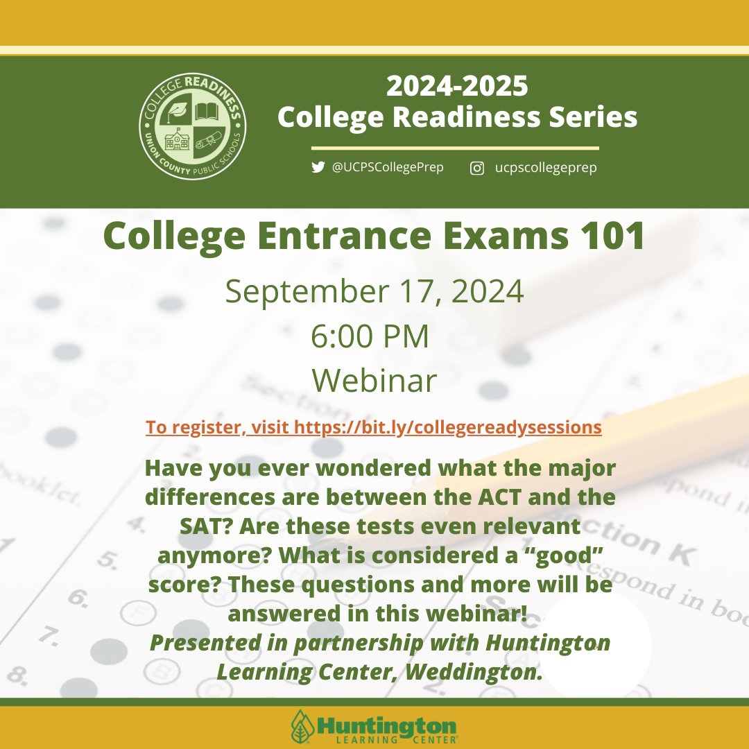High school students &amp; parents, join us Sept. 17 at 6 PM to learn more about ACT &amp; SAT, their impact on college/university acceptance, connection to scholarships, what is a “good” score, and much more! <a href="/UCPSNC/">Union County Public Schools</a> <a href="/AGHoulihan/">Andrew G. Houlihan</a> #UCPScollegereadyseries Register: bit.ly/collegereadyse…