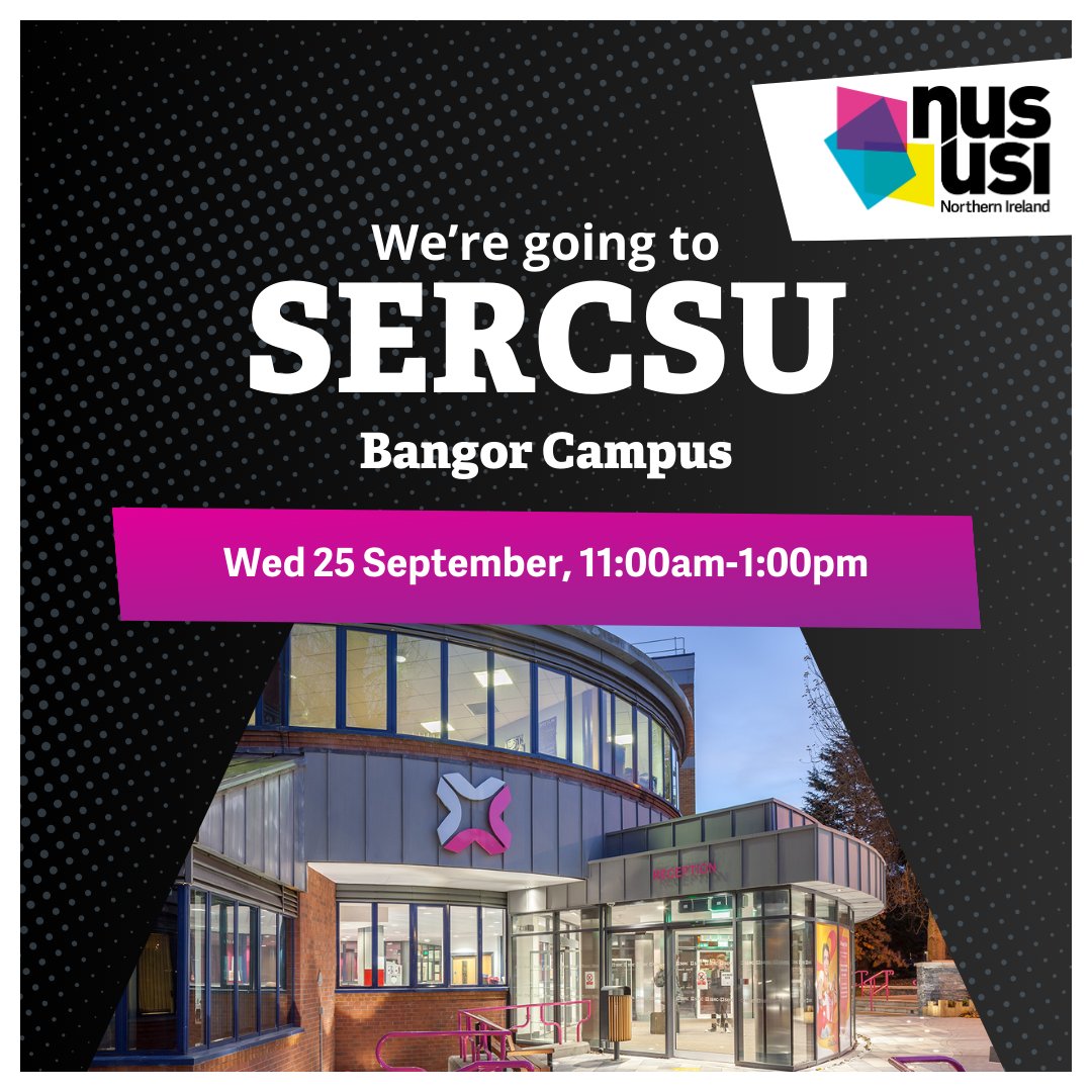 We're excited to be heading to <a href="/SERCSU/">SERC Students' Union</a> as part of our Freshers Tour!

⌚11am - 1pm
📅 Wed 25 September
📌 SERCSU Bangor Campus

#Freshers2024 #Freshers #Bangor #NorthernIreland #FurtherEducation #FreshersFair #FE