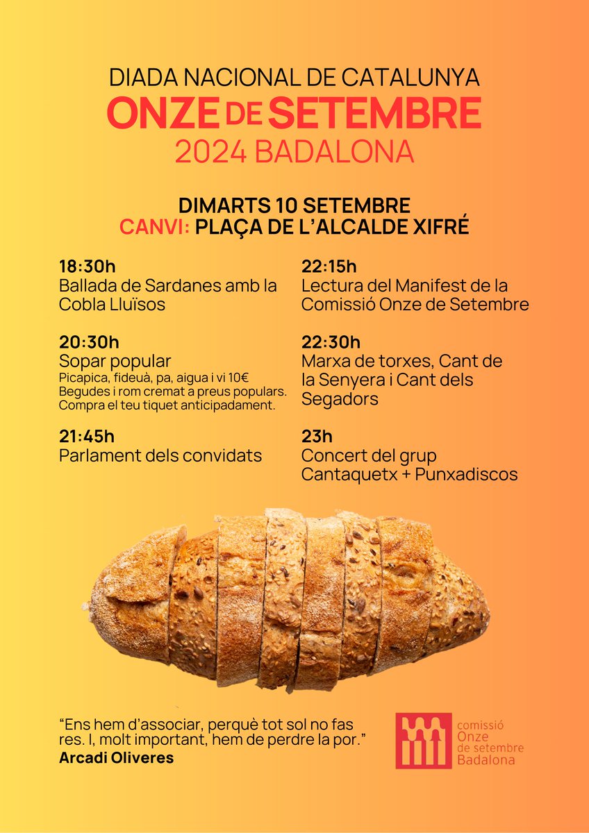❗ Canvi d'ubicació

Per motius aliens a l'organització, tots els actes es celebraran a la Plaça de l'Alcalde Xifré.

Ens veiem a partir de les 18:30h! 🙌