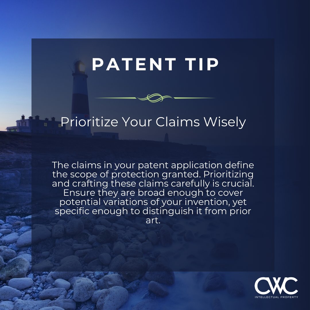 wilsonpatents's tweet image. 🎯 #PATENTTIP: Your Claims Are Key! 🔑 Craft them carefully to cover all bases of your invention.  Visit us at ➡️ wilsonpatents.com

#PatentClaims #StrongPatents #ClaimDrafting #IPSuccess #InnovationProtection #CWCIP