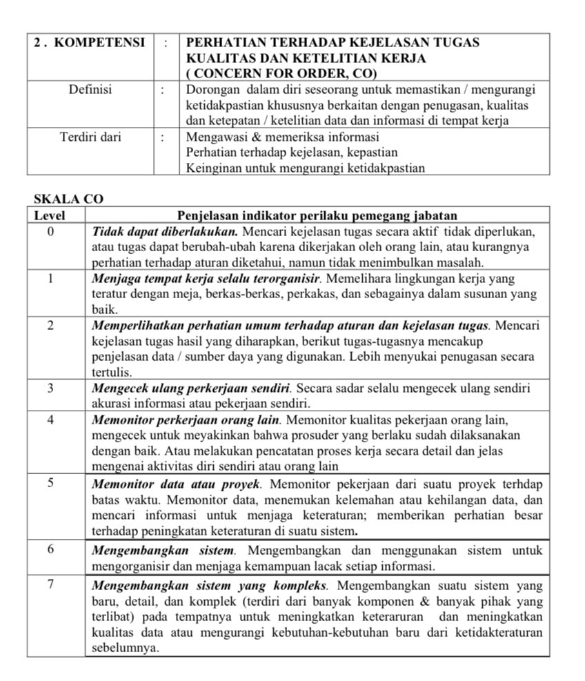 vindikasi's tweet photo. Ini bagian dari pertanyaan Soft Competency, km akan di cek berada di level berapa.
Ada beberapa SC yg bisa kena, saya pilihkan 3 (saya taruh 3 capturan dari ebook Kompetensi nya ya)

1. Ada 2 tugas, yg mana yg dipilih?
Tentu yg 'risiko-nya lebih besar jika tidak selesai' akan dikerjakan dluan.

2. Apabila kedua tugas risikonya sama?
Nah, apa mungkin 1 pegawai mempunyai 2 atasan?
Kalau organisasinya benar tidak mungkin.
Yg dimaksud dengan 2 atasan adalah 1 atasan langsung, satu yg lebih tinggi dari atasan langsung.