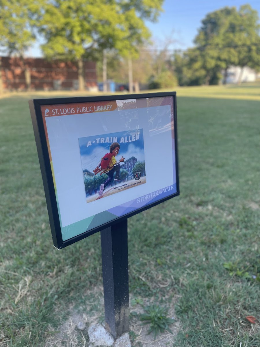 STLpubLibrary's tweet photo. 🚂 All aboard for this month's Storybook Walk! Explore “A-Train Allen” by Lesley Younge at the Ruth Porter Mall Park and enjoy a day of reading and adventure. 🌟 #StorybookWalk #ReadOutside #SLPL https://t.co/vZzfrAc4eA