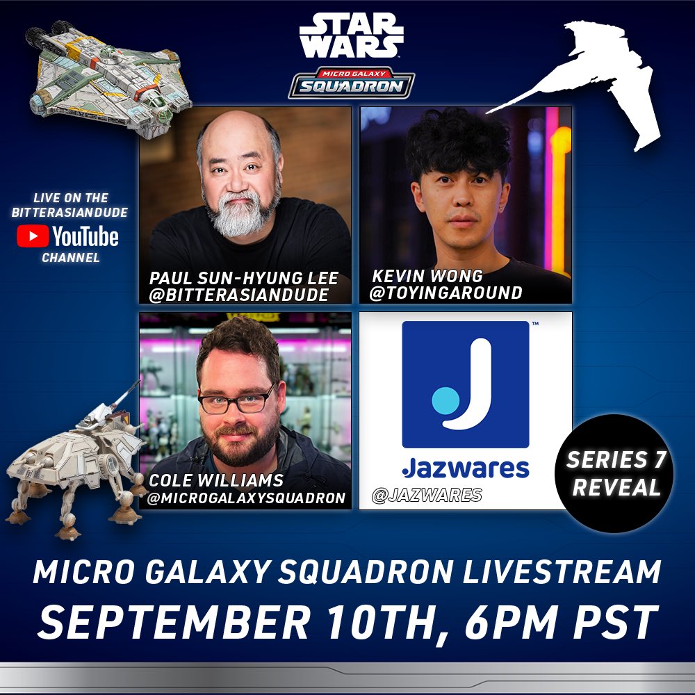 Kevin aka Toying Around (@imtoyingaround) on Twitter photo Set your reminders: #StarWars Micro Galaxy Squadron Series 7 reveal with <a href="/MicroSquadron/">Micro Galaxy Squadron</a> and Paul, over on <a href="/bitterasiandude/">Paul Sun-Hyung Lee</a> YouTube channel!
9pm ET / 6pm PT. See you there!
youtube.com/live/BDzA1Qfmt… Set your reminders: #StarWars Micro Galaxy Squadron Series 7 reveal with <a href="/MicroSquadron/">Micro Galaxy Squadron</a> and Paul, over on <a href="/bitterasiandude/">Paul Sun-Hyung Lee</a> YouTube channel!
9pm ET / 6pm PT. See you there!
youtube.com/live/BDzA1Qfmt…