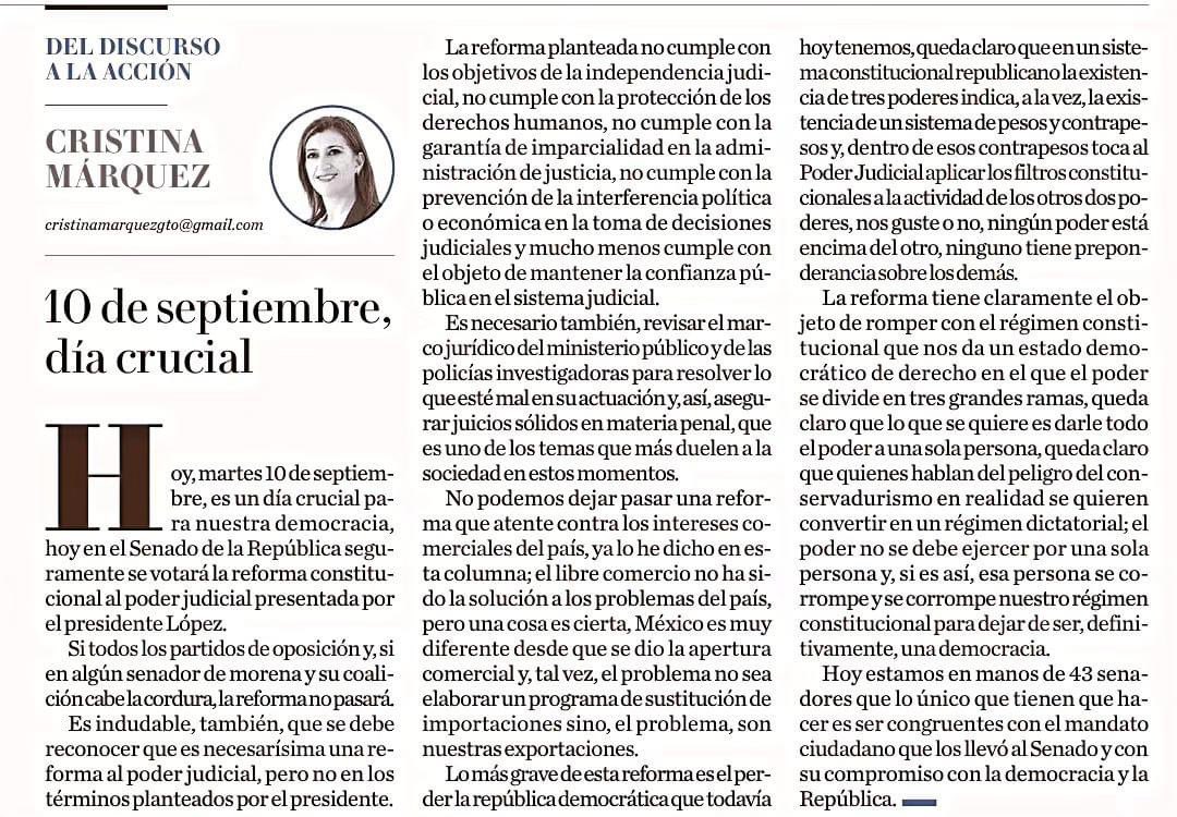 Estamos en manos de 43 senadores a los que pedimos congruencia.

Por el futuro de México y las generaciones que vienen #NoALaReformaJudicial

Te invito a leer mi columna, agradeciendo siempre el espacio que me obsequia <a href="/milenio_leon/">Milenio León</a>