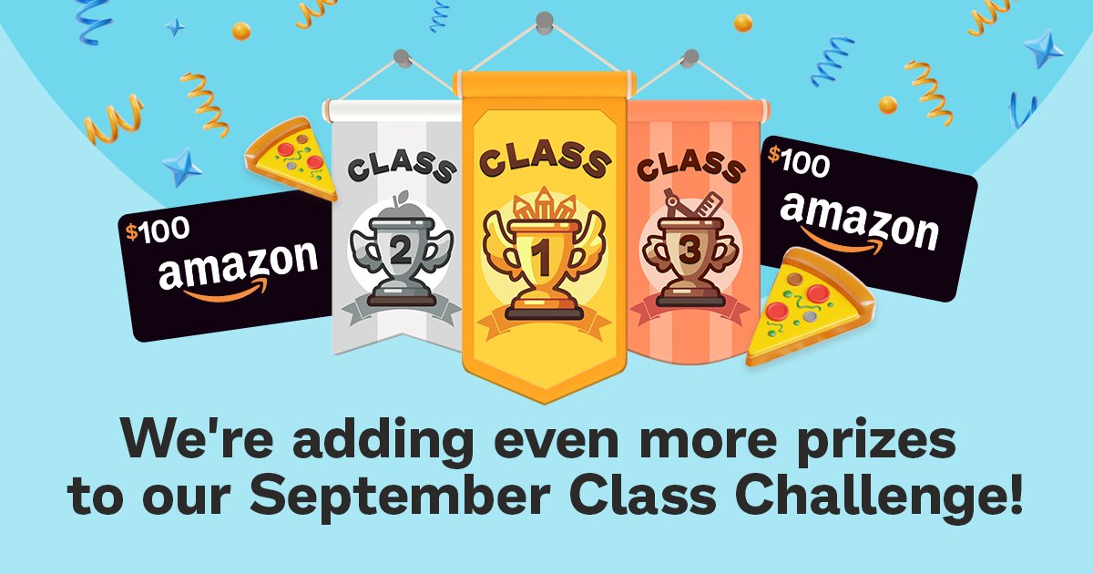 ProdigyGame's tweet image. We're upping the prizes for our September #ClassChallenge! 
🎉Top 2 classes win a pizza party + $100 Amazon eGift card. Plus, 8 more classes get a pizza party, and 50 others win a $100 Amazon eGift card. 🎉🍕

Get started: social.prodigygame.com/4g0nYGE