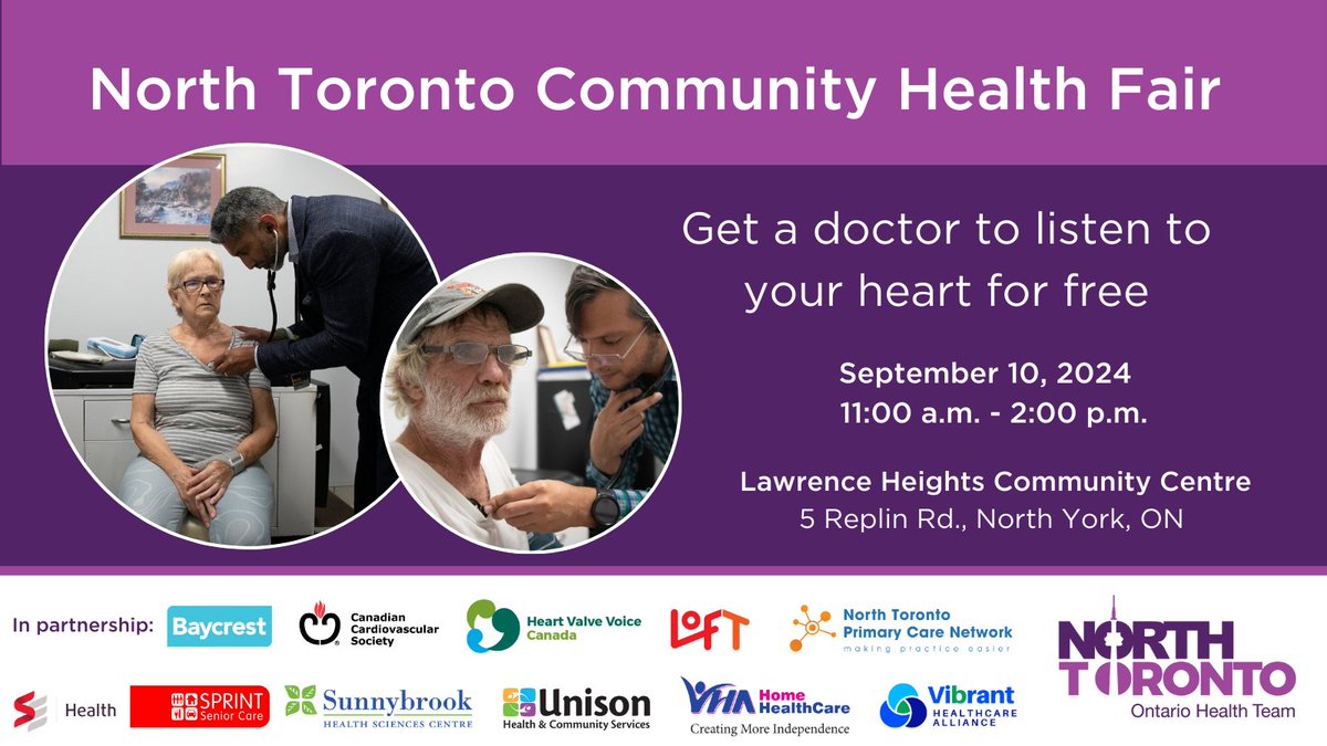 Join us at the North Toronto Community Health Fair on Sept. 10 at the Lawrence Heights Community Centre! 
✅ Get your free stethoscope check by a cardiologist
✅ Learn about health and social services available in your community 
✅ Share your health care experiences, and more!