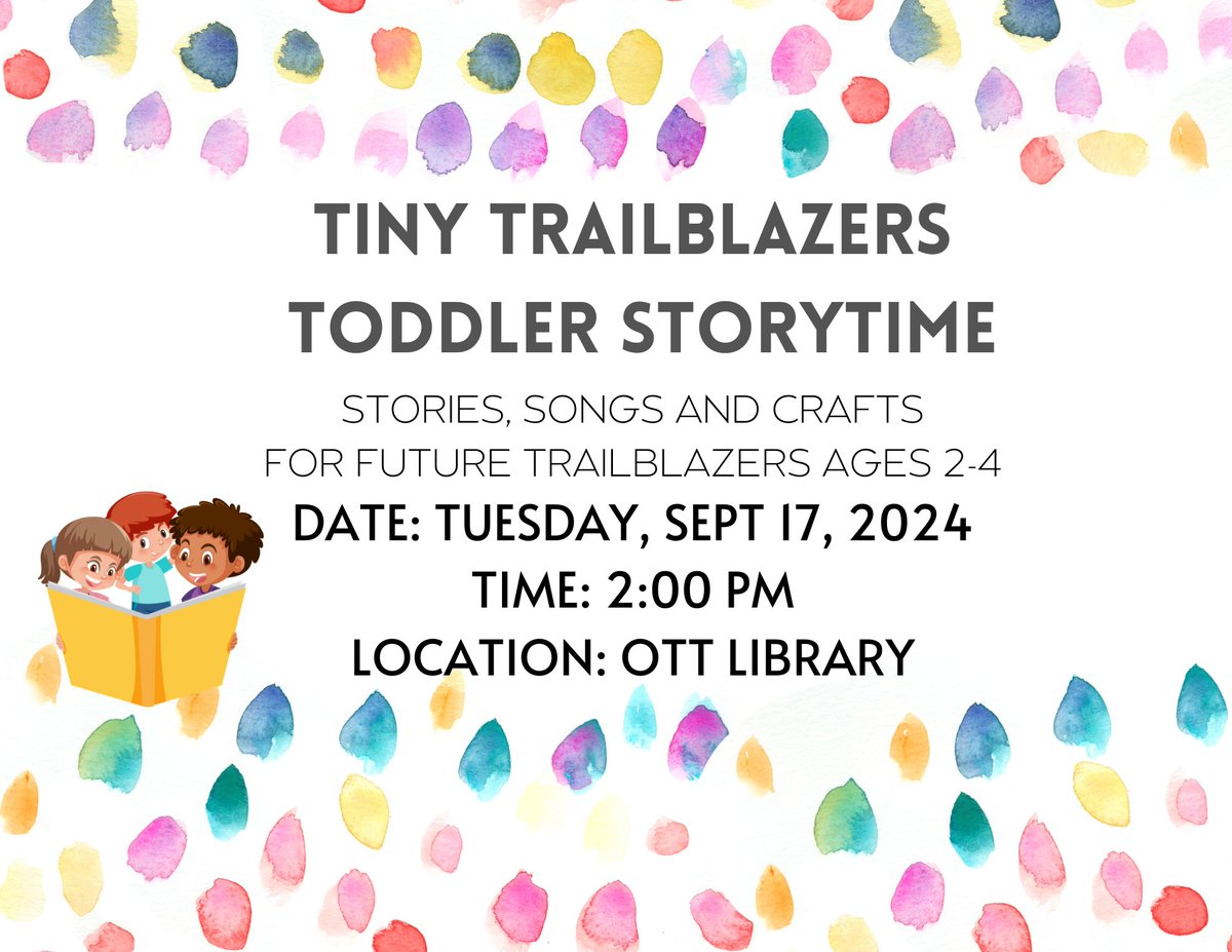 NISD_OttLibrary (@nisd_ottlibrary) on Twitter photo Tiny Trailblazers, ages 2-4, are invited to visit our library on Tuesday Sept 17th for storytime and crafts. Sept 15ish is International Dot Day, we will be reading "The Dot" and "Ish" by Peter Reynolds and making lots of dots crafts. #OttSeason20 <a href="/NISDOtt/">Ott Elementary</a> <a href="/PrincipalBueno/">Madeline Bueno</a> Tiny Trailblazers, ages 2-4, are invited to visit our library on Tuesday Sept 17th for storytime and crafts. Sept 15ish is International Dot Day, we will be reading "The Dot" and "Ish" by Peter Reynolds and making lots of dots crafts. #OttSeason20 <a href="/NISDOtt/">Ott Elementary</a> <a href="/PrincipalBueno/">Madeline Bueno</a>