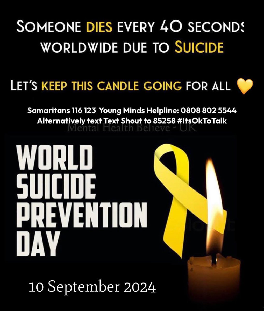 MIGHT NOT BE FOR YOU, BUT YOU CAN HELP SOMEONE ELSE. ❤️‍🩹

#worldsucideproventionday 🎗️💛
Samaritans 116 123
Papyrus 0800 068 4141
Young Minds 0808 802 5544
Breathing Space (Scotland) 0800 83 85 87
The Mix 0808 808 4994

Alternatively You can text "SHOUT" to 85258 for free 🎗️💛🙏