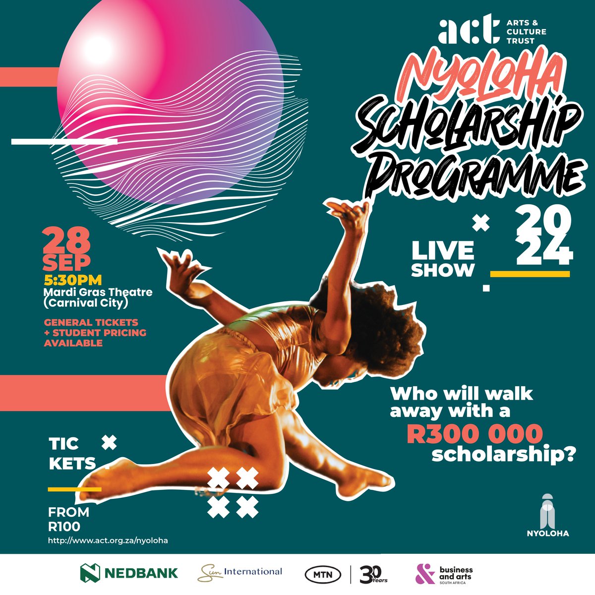 actorgza's tweet image. Hola ACT Fam! 🎉 The 2024 ACT Nyoloha Gala Showcase is almost here! Join us on 28 Sept at Carnival City as we crown 2 young stars with scholarships worth R300k! 🎟️Tickets start from R100 via Quicket: bit.ly/3XiJwG2.  

#ACT30 #ACTnyoloha #NyolohaAfrica #ACTSAtalent