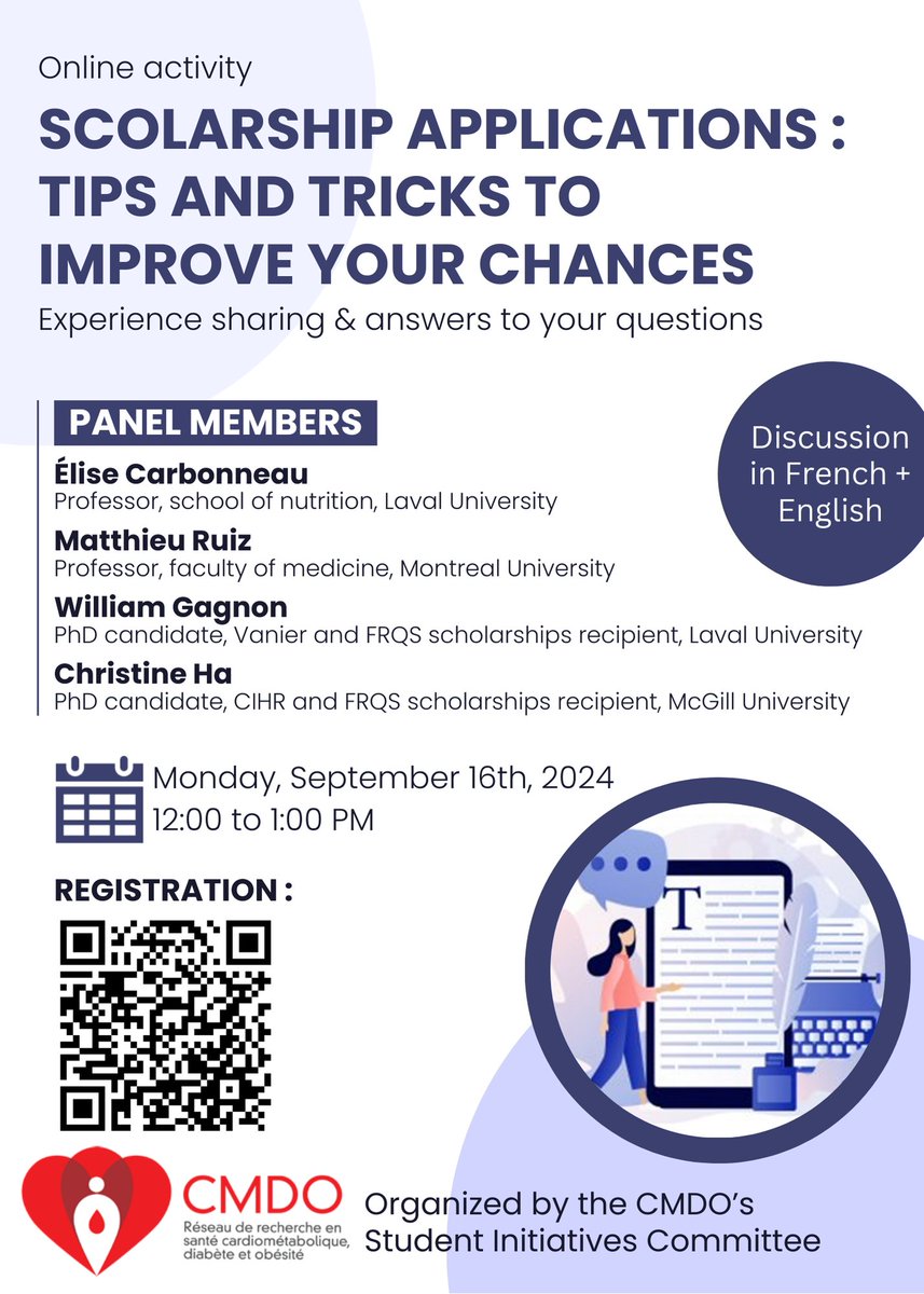 The Student Initiatives Committee of the CMDO Network is invinting to the workshop:

Scholarship applications: Tips and tricks to improve your chances

🗓️Monday, September 16, 2024 from 12 noon to 1 p.m., via Zoom.

*This activity will be held in French and English.