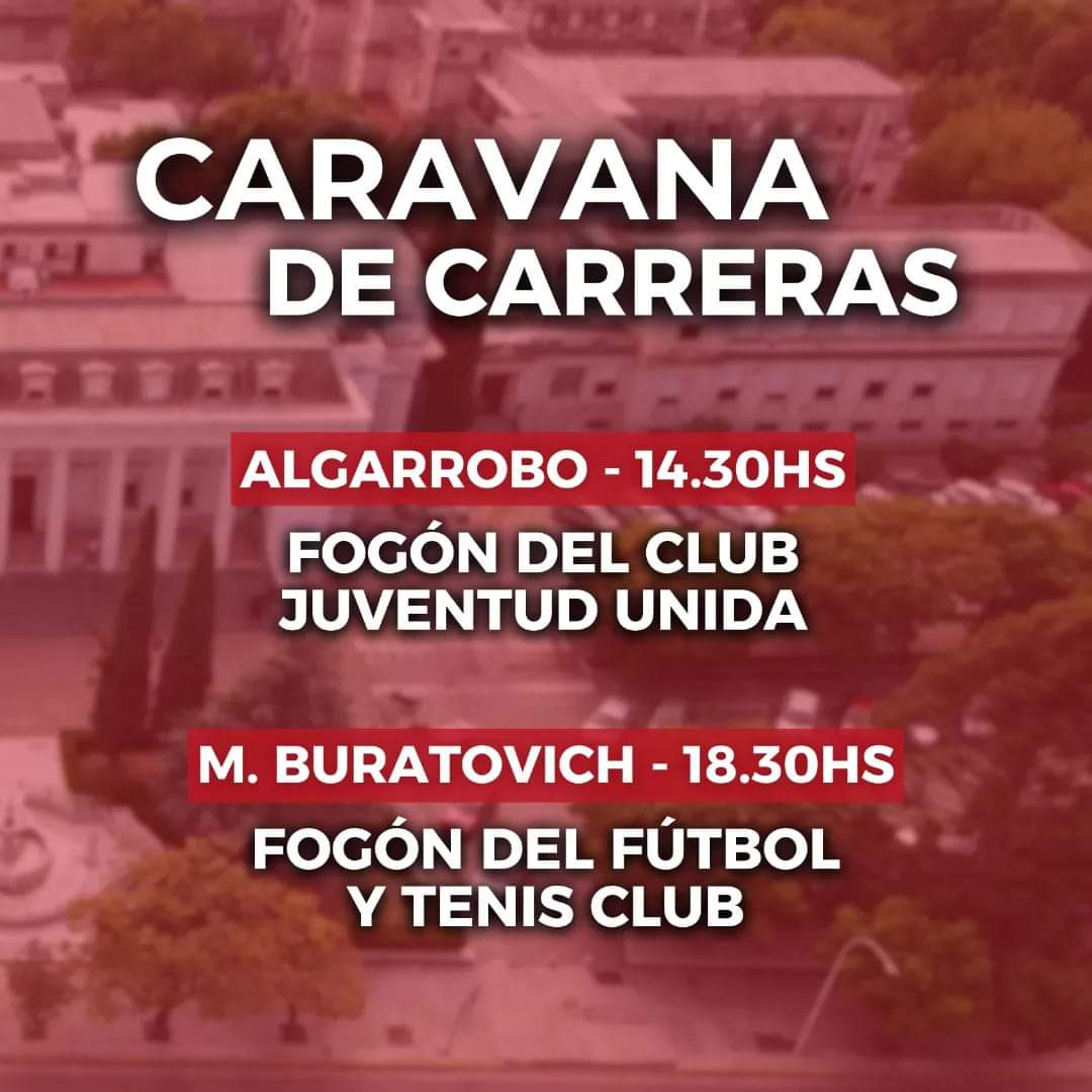 11/9 
CARAVANA DE CARRERAS en ALGARROBO  y BURATOVICH.
Como todos los años, la <a href="/JRVillarino/">JR Villarino </a>  junto a <a href="/FranjaMoradaUNS/">Franja Morada UNS</a>, acercan a Villarino la Caravana.
No es sólo una muestrs de posibles carreras, sino una actividad pensada por estudiantes para futuros ingresantes.
Te esperamos!