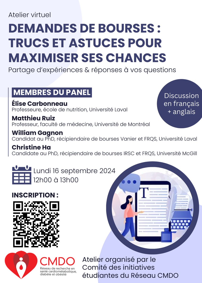 Le comité des initiatives étudiantes a le plaisir de vous inviter à l'atelier :

Demandes de bourses : Trucs et astuces pour maximiser vos chances

🗓️Lundi 16 septembre 2024 de 12h à 13h, via Zoom.

*Cette activité se déroulera en français et en anglais.