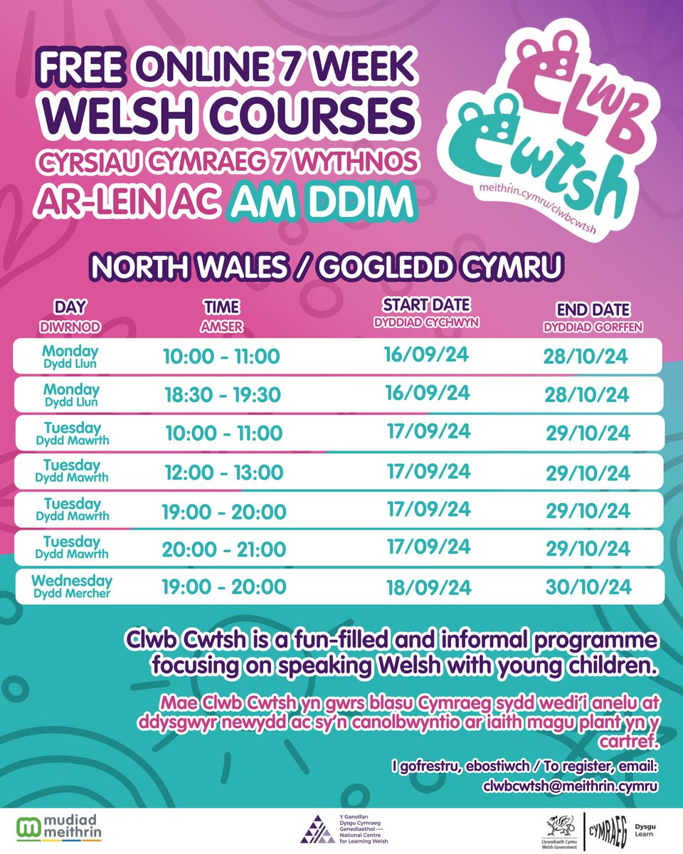 Clwb Cwtsh (@clwbcwtsh) on Twitter photo 🏴 North Wales Sessions
📍Sesiynau Gogledd Cymru
🧸Check out our new sessions starting from NEXT WEEK located in North Wales! Join us face to face or at home with your little ones.
📣 Get yourself registered today by sending us an email!
💌clwbcwtsh@meithrin.cymru
#clwbcwtsh 🏴 North Wales Sessions
📍Sesiynau Gogledd Cymru
🧸Check out our new sessions starting from NEXT WEEK located in North Wales! Join us face to face or at home with your little ones.
📣 Get yourself registered today by sending us an email!
💌clwbcwtsh@meithrin.cymru
#clwbcwtsh
