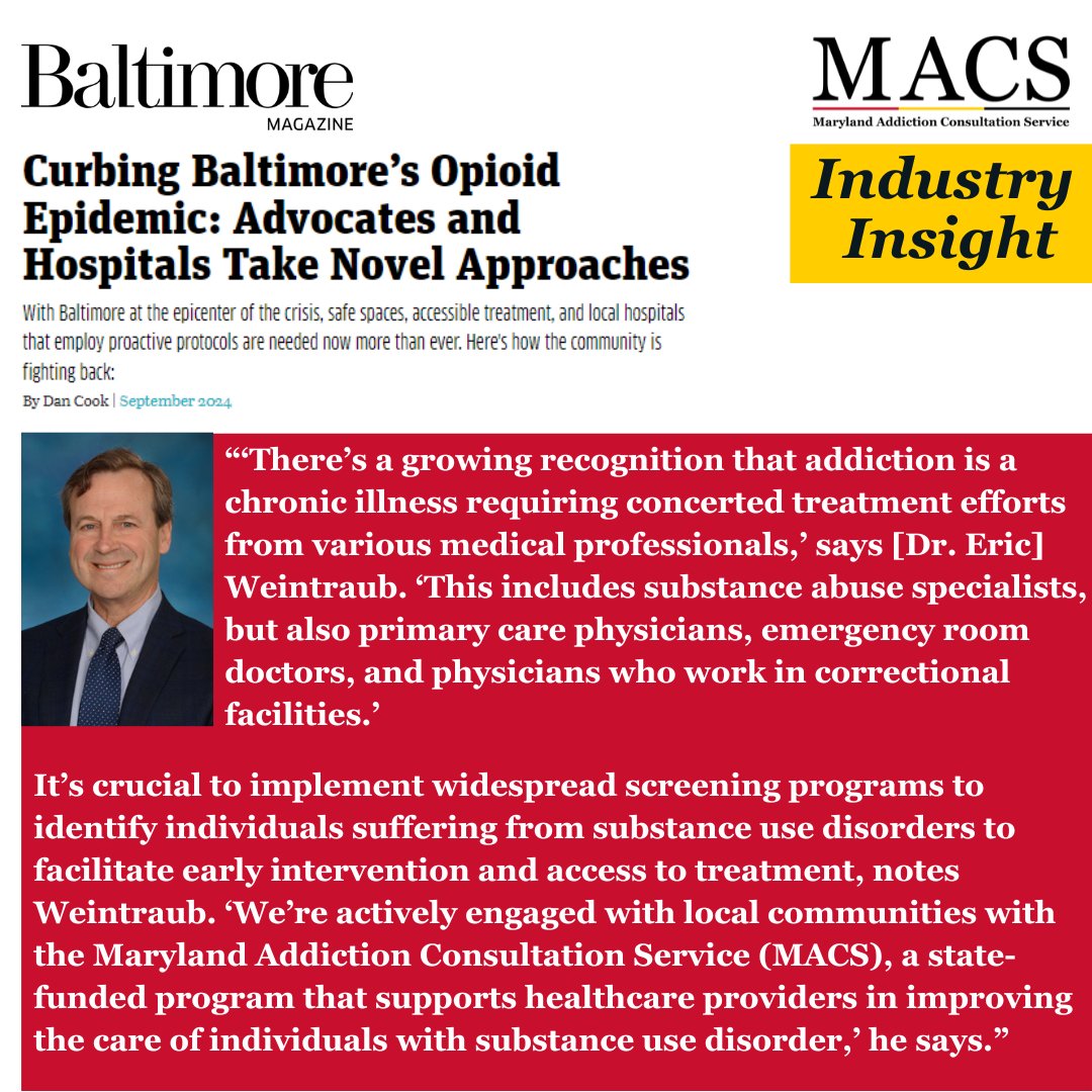 Maryland Addiction Consultation Service (@maryland_macs) on Twitter photo #ICYMI In the new edition of <a href="/BaltimoreMag/">Baltimore magazine</a>, MACS Medical Director Dr. Eric Weintraub shared #addiction insights.
By calling 1-855-337-MACS (6227), providers can consult with experts who can answer care questions and direct them to resources.
Learn more: baltimoremagazine.com/section/health…. #ICYMI In the new edition of <a href="/BaltimoreMag/">Baltimore magazine</a>, MACS Medical Director Dr. Eric Weintraub shared #addiction insights.
By calling 1-855-337-MACS (6227), providers can consult with experts who can answer care questions and direct them to resources.
Learn more: baltimoremagazine.com/section/health….