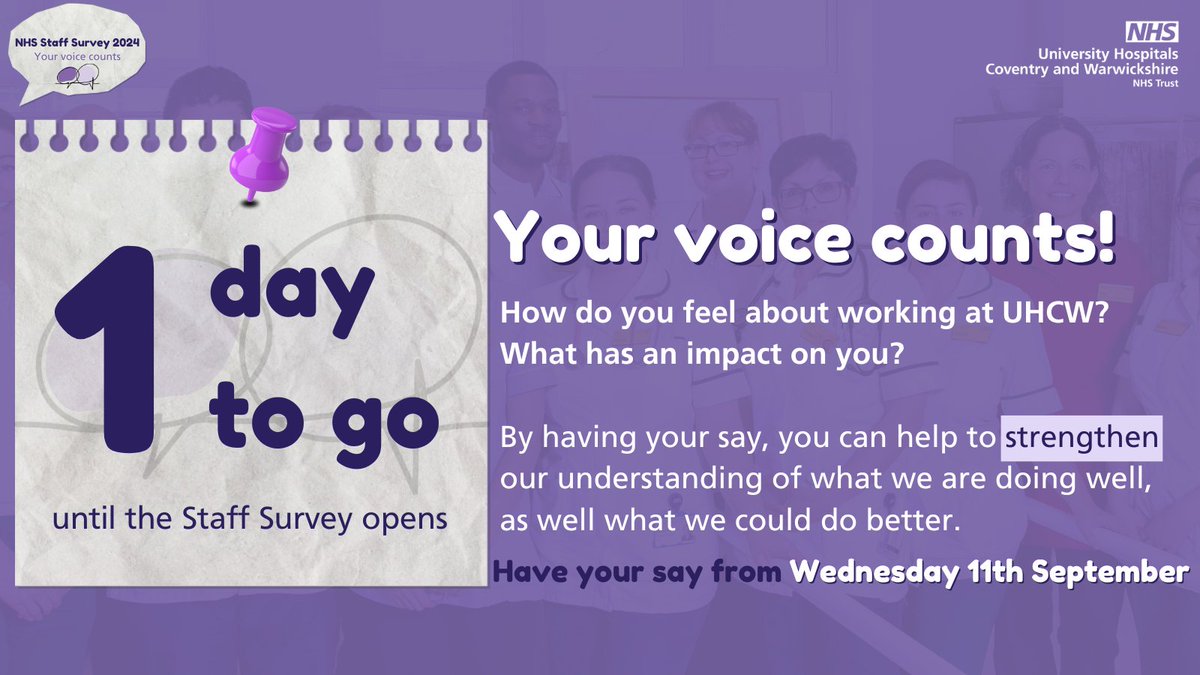 📣Calling all UHCW colleagues. Our NHS Staff Survey opens tomorrow!

Having your say is a great way of driving positive change and having your voice heard. Your feedback strengthens our understanding of what we're doing well and what we could do better. 

#NSS2024 #TeamUHCW