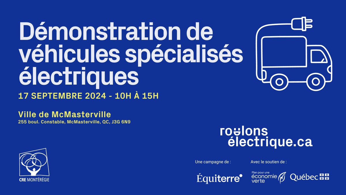Journée de l’électrification municipale: démonstration de #véhiculesélectriques 
🗓️ Mardi 17 septembre à McMasterville
Inscription 👉🏻urlz.fr/s6K0
Venez y découvrir plusieurs solutions pour électrifier les transports de votre Municipalité dans la Zone Roulons électrique