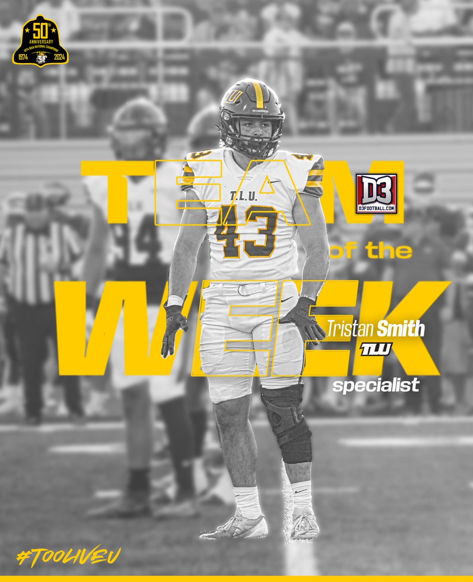 "𝙎𝙥𝙚𝙘𝙞𝙖𝙡 𝙩𝙚𝙖𝙢𝙨 𝙢𝙖𝙠𝙚 𝙞𝙩 𝙨𝙥𝙚𝙘𝙞𝙖𝙡"

Tristan Smith has been named to the <a href="/d3football/">D3football.com</a> Team of the Week for his performance on Special Teams against Trinity

🗞️: rb.gy/p2d162

#TooLiveU | #PupsUp