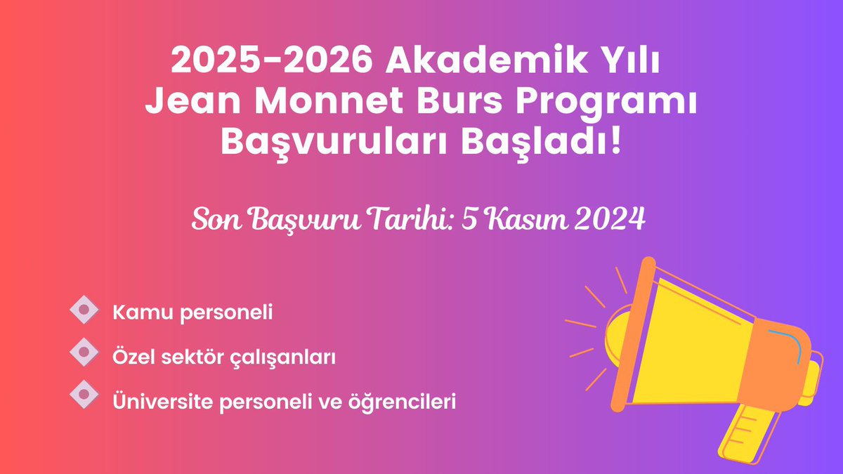 zcan_Bulent's tweet photo. Başkanlığımızın AB fonlarıyla yürüttüğü Jean Monnet Burs Programının 2025-2026 akademik yılı başvuruları başladı!Burstan kamu,özel sektör &üniversitelerden yaklaşık 190 kişi faydalanabilecek 

🗓️Son başvuru: 5 Kasım 2024
🔗https://t.co/SoDdc9O4LN 
@ABBaskanligi @jeanmonnetbursu @EUDelegationTur @JeanMonnetAlum