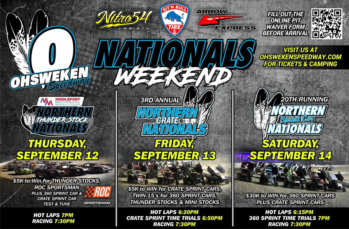 Get ready for three HUGE nights at Ohsweken this week! The 20th Nationals Weekend will finish our 2024 season.

#sprintcars #stockcars #sixnations #nationalsweekend