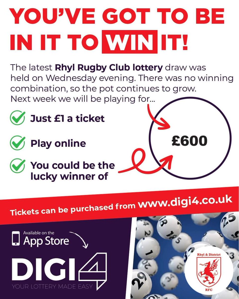 RhylRugbyClub's tweet photo. No winner last week so this weeks jackpot is £600 💷
🎫 Tickets just £1 each
Next draw is on 📅 Wed 11th Sept at 8pm
Register at https://t.co/eJBCGBk2VY or download the 
DIGI4 App from the AppStore
#wearerhylrfc #rhylrfc #wearerhyl #rhylrugbyclub  #lotto #teamdigi4 #rhyl https://t.co/FWVgVmySyL