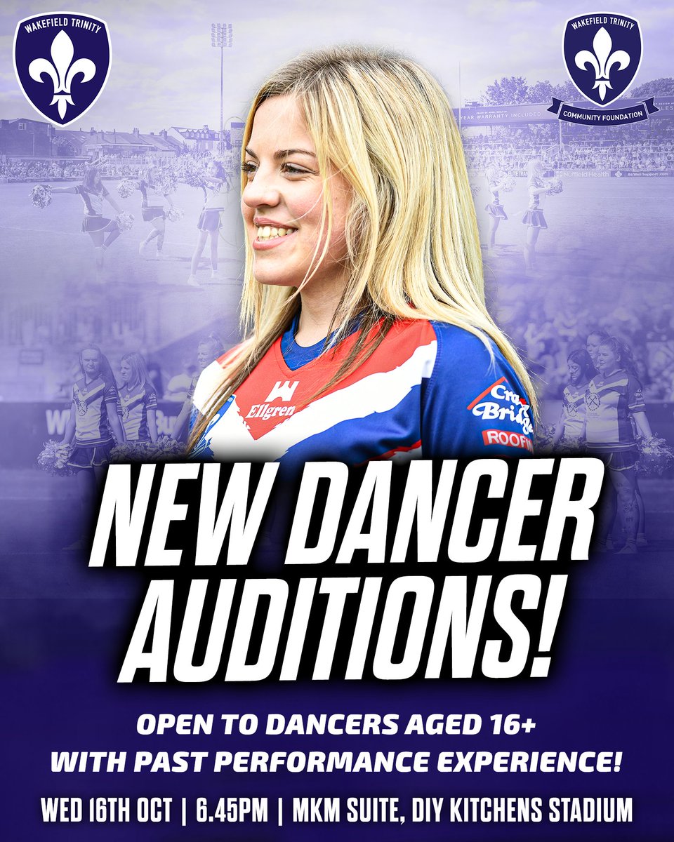 Wakefield Trinity Community Foundation (@wtcomfoundation) on Twitter photo π
πππ πππππ ππ ππ!
π <a href="/WFTrinityX/">Wakefield Trinity X</a> Auditions
π MKM Suite, DIY Kitchens Stadium
ποΈ Wed 16th October
β±οΈ 6.45pm
βΉοΈ Open to dancers with past experience aged 16+
π wakefieldtrinity.com/trinityx-auditβ¦
#UpTheTrin π
πππ πππππ ππ ππ!
π <a href="/WFTrinityX/">Wakefield Trinity X</a> Auditions
π MKM Suite, DIY Kitchens Stadium
ποΈ Wed 16th October
β±οΈ 6.45pm
βΉοΈ Open to dancers with past experience aged 16+
π wakefieldtrinity.com/trinityx-auditβ¦
#UpTheTrin