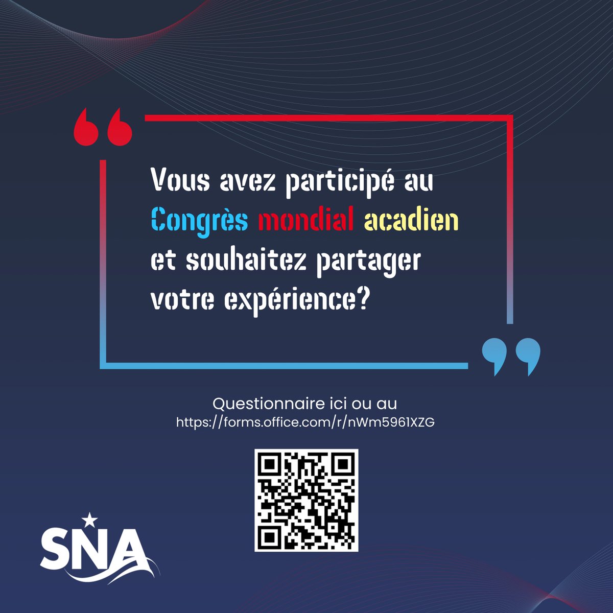 Société Nationale de l’Acadie (@snacadie) on Twitter photo Nous vous invitons à partager votre expérience de cet événement. Il s’agit de remplir un questionnaire en ligne d’une durée d’environ 10 minutes, lancé par la Chaire de recherche du Canada en études acadiennes et transnationales de l'<a href="/USainteAnne/">USainteAnne</a>.
bit.ly/3Tnv9iC Nous vous invitons à partager votre expérience de cet événement. Il s’agit de remplir un questionnaire en ligne d’une durée d’environ 10 minutes, lancé par la Chaire de recherche du Canada en études acadiennes et transnationales de l'<a href="/USainteAnne/">USainteAnne</a>.
bit.ly/3Tnv9iC