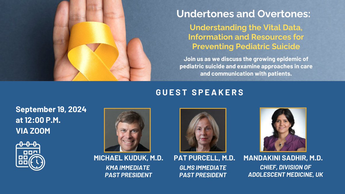 Today is World Suicide Prevention Day. KMA is presenting a Zoom webinar, “Undertones and Overtones: Understanding the Vital Data, Information and Resources for Preventing Pediatric Suicide,” on Sept. 19 at 12:00 p.m. ET. Register at us02web.zoom.us/webinar/regist…