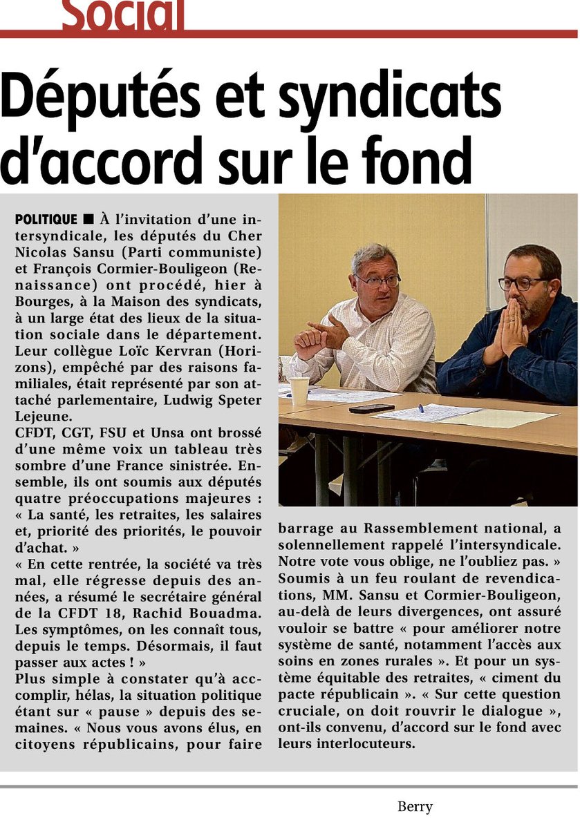 UDCFDTduCher's tweet photo. Article de presse du Berry Républicain suite à la rencontre avec les députés du Cher. https://t.co/eKbhj1G20D