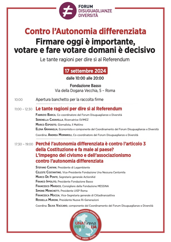 Vi aspettiamo il 17 settembre dalle 10:00 alle 20:00 in Fondazione Basso a Roma per una giornata di raccolta firme a sostegno del Referendum abrogativo della legge sull’autonomia differenziata e di discussione e confronto. Registrazione consigliata 👇
forms.gle/EMEfAt9p4coo7X…
