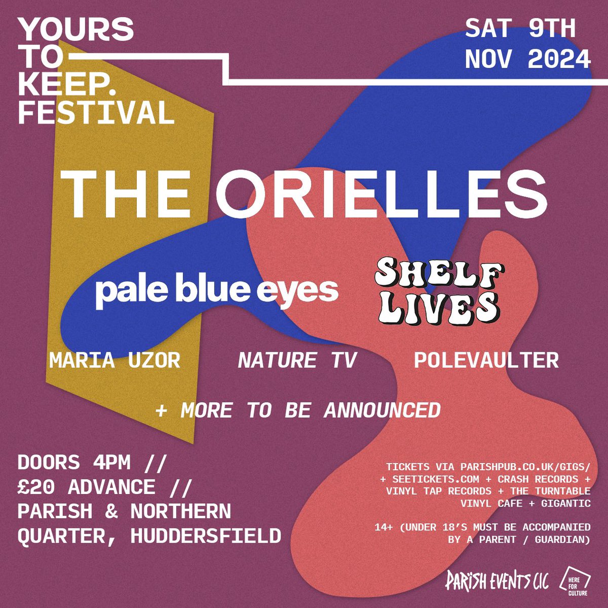 Parish (@parishhudd) on Twitter photo 🎟️ flying out for Yours To Keep Festival on Sat 9th Nov here and <a href="/NQuarterHudd/">Northern Quarter Huddersfield</a>. Feat <a href="/TheOrielles/">The Orielles</a> / <a href="/pbemusic/">Pale Blue Eyes</a> / <a href="/ShelfLivesBaby/">Shelf Lives</a> & more to be announced v soon. Grab yours now - parishpub.co.uk/gigs/849 + <a href="/Crash_Records/">Crash Records</a> / <a href="/vinyltaprecords/">Vinyl Tap Records</a> 🎸 🎟️ flying out for Yours To Keep Festival on Sat 9th Nov here and <a href="/NQuarterHudd/">Northern Quarter Huddersfield</a>. Feat <a href="/TheOrielles/">The Orielles</a> / <a href="/pbemusic/">Pale Blue Eyes</a> / <a href="/ShelfLivesBaby/">Shelf Lives</a> & more to be announced v soon. Grab yours now - parishpub.co.uk/gigs/849 + <a href="/Crash_Records/">Crash Records</a> / <a href="/vinyltaprecords/">Vinyl Tap Records</a> 🎸